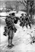 Artist's illustration of the hard winter at Valley Forge under the leadership of George Washington.
